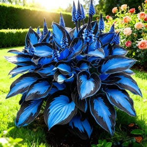 Midnight Blue Heart Hosta plant with large blue-green leaves in a garden