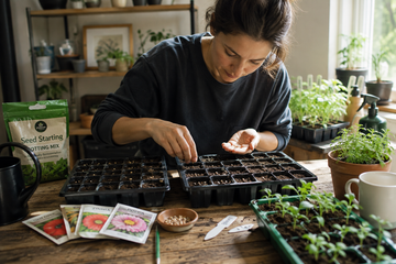 Gardener starting vegetable seeds indoors in trays for the growing season