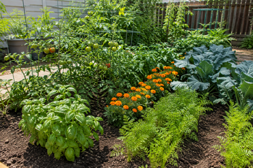 Realistic companion planting garden with tomatoes, basil, carrots, marigolds and other vegetables growing together