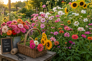 Colorful cutting garden with zinnias, cosmos, and sunflowers grown for fresh bouquets