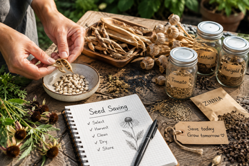 Gardener collecting and storing seeds from healthy garden plants for next season