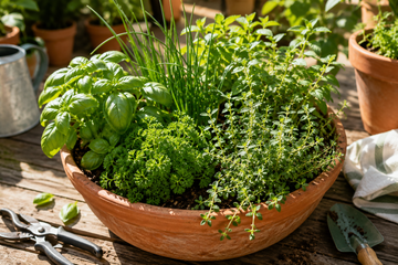 Fresh basil, parsley, chives, and oregano growing together in a container herb garden