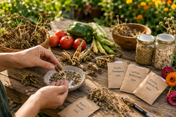 Gardener collecting and drying seeds from mature vegetables for next year's garden