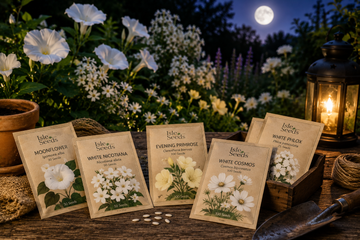 Moon garden with white and night-blooming flowers growing from seed