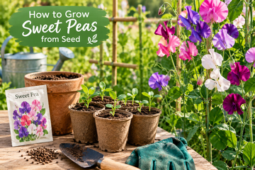 Sweet pea seedlings and flowering plants in a garden.