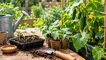 Cucumber seedlings growing from seed alongside a mature cucumber plant in a home garden