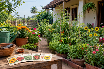 Colourful cottage garden with roses, foxgloves, poppies, lavender and flowers grown from seeds