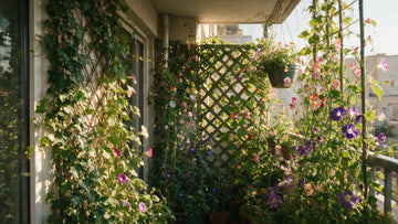 Climbing plants and vines growing vertically in a small garden