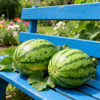 Two watermelons on a blue bench with a garden background