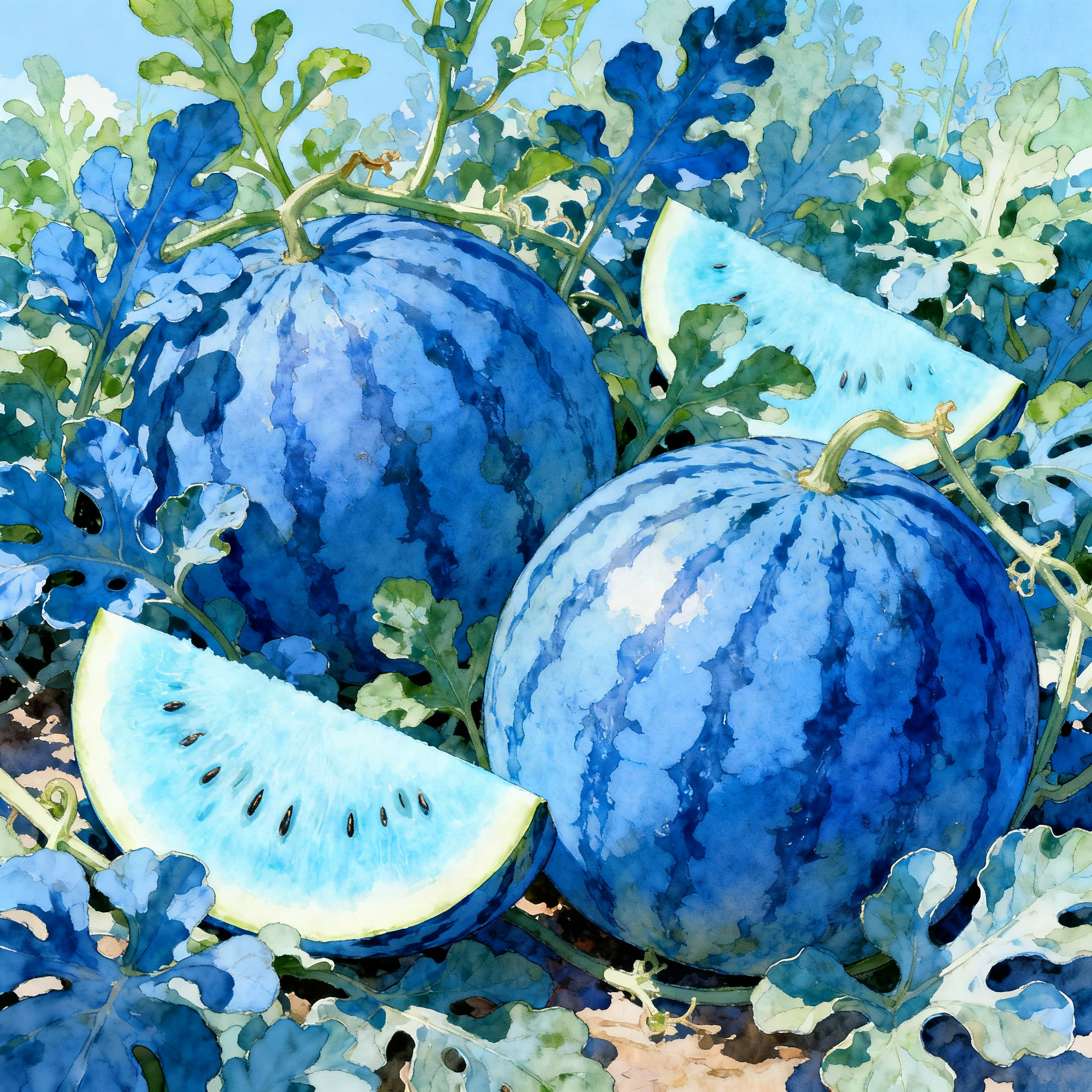 Illustration of blue watermelons with leaves and a slice on a blue background