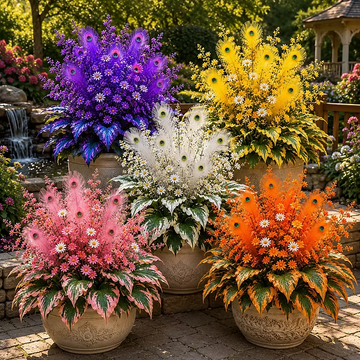 Peacock Flame Hosta plants with colorful foliage