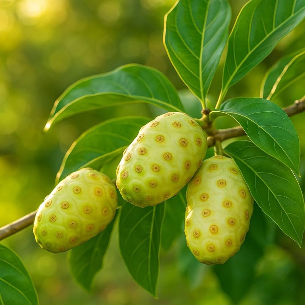 Tropical Noni tree with green fruits in an outdoor garden.
