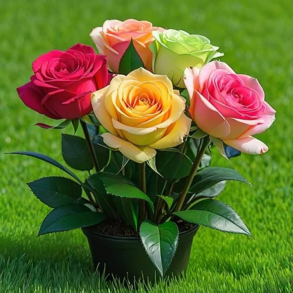 Mixed-color perennial rose flowers blooming in a garden