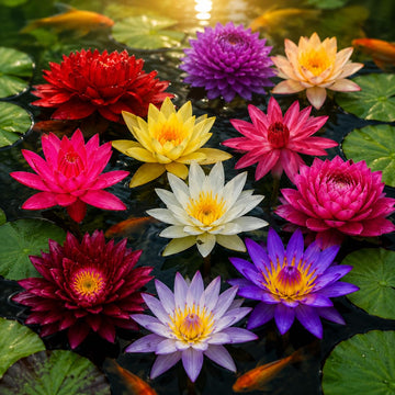 Open mouth lotus blooms growing in a decorative water bowl