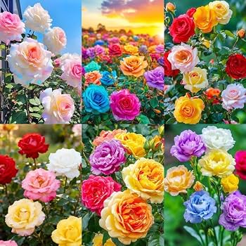 Mixed perennial Rose plants growing in a garden
