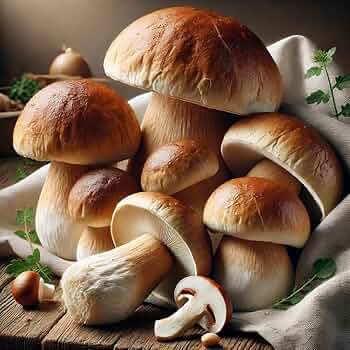 Porcini mushroom growing in a natural woodland setting.