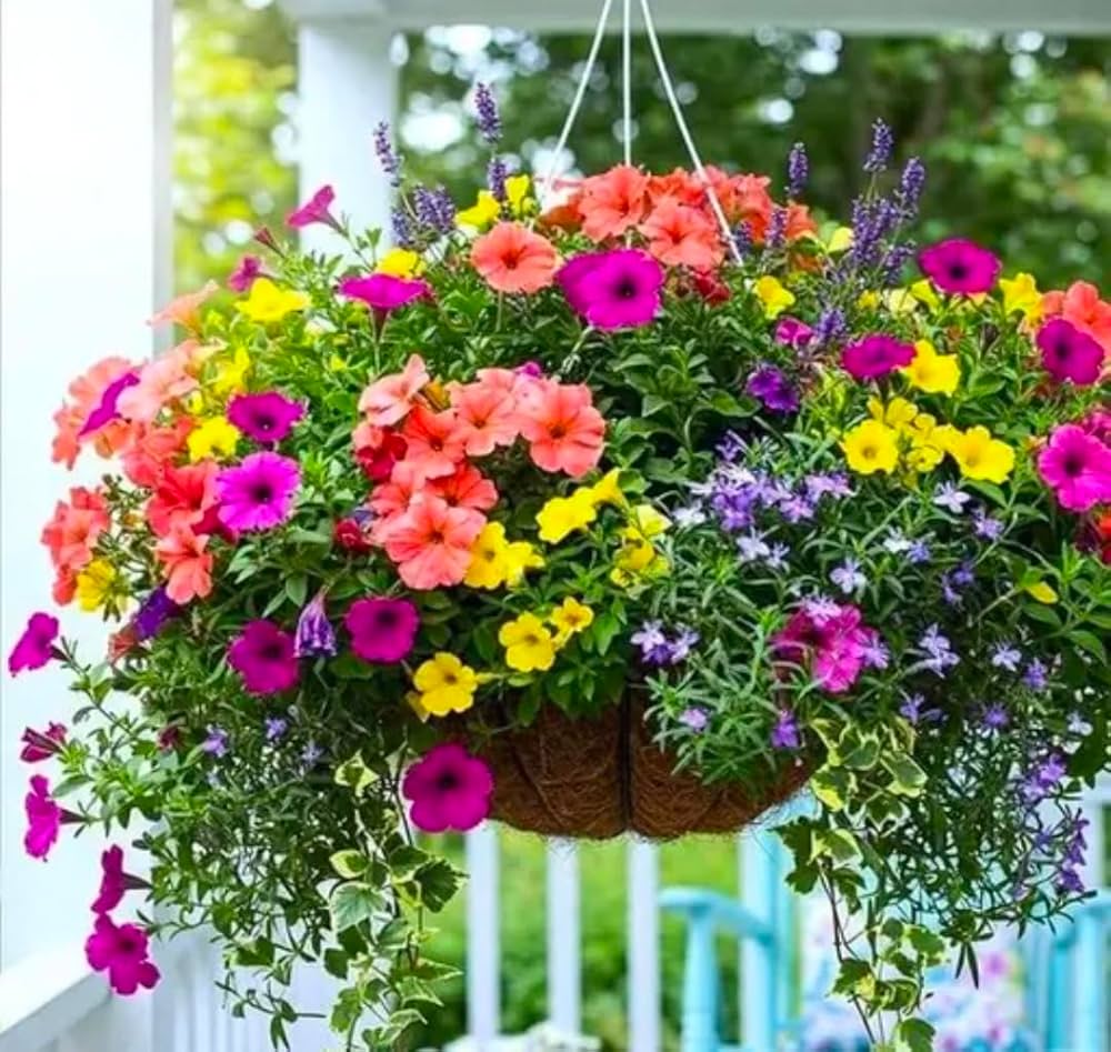 Colorful Calibrachoa flowers cascading from a hanging basket.