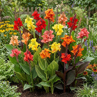 Mixed Canna plants with colorful flowers and broad foliage