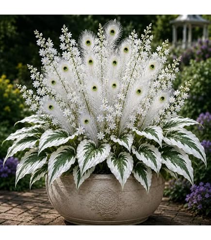 Peacock Flame Hosta growing in a shaded garden