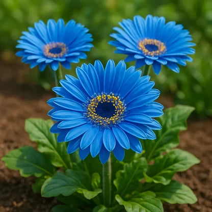 Blue Gerbera Daisy flowering plant growing in a decorative container garden