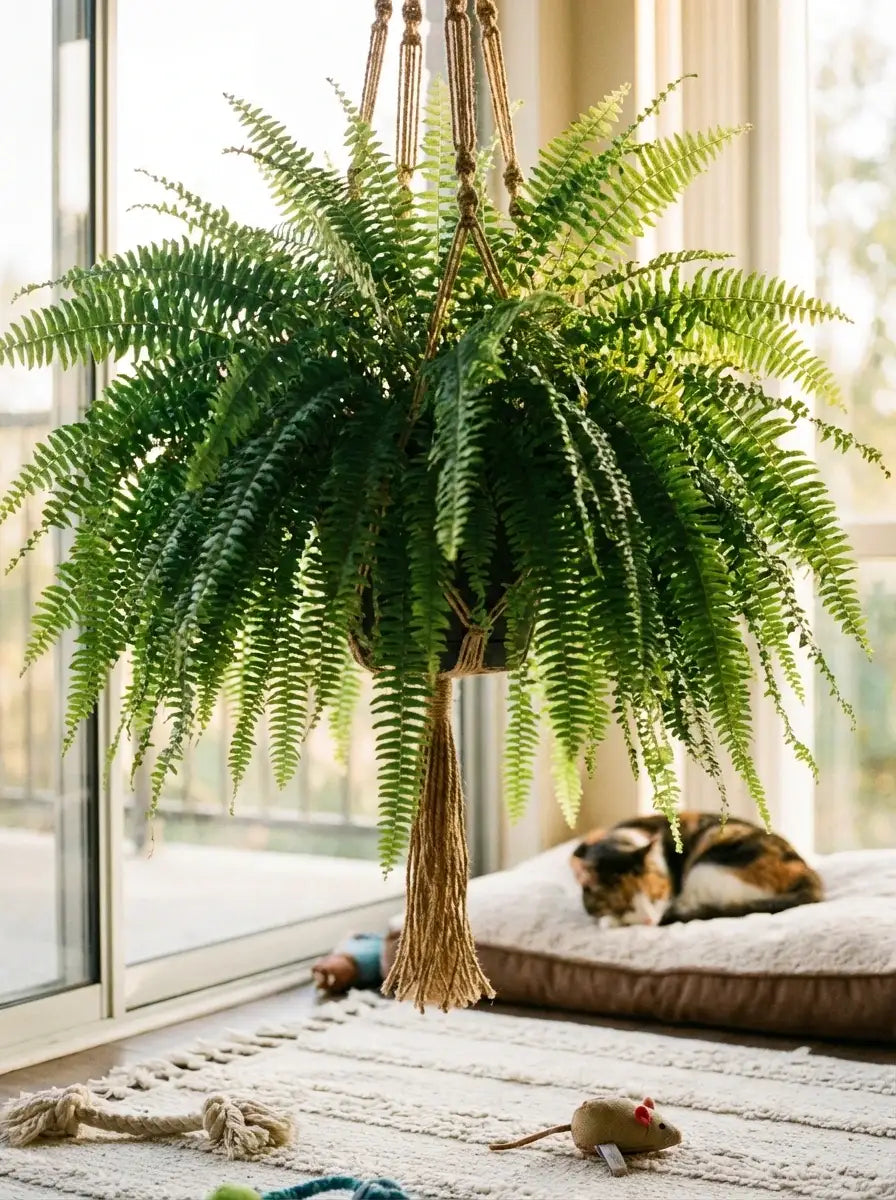 Lush Boston fern hanging indoors near a bright window with a cozy home setting.