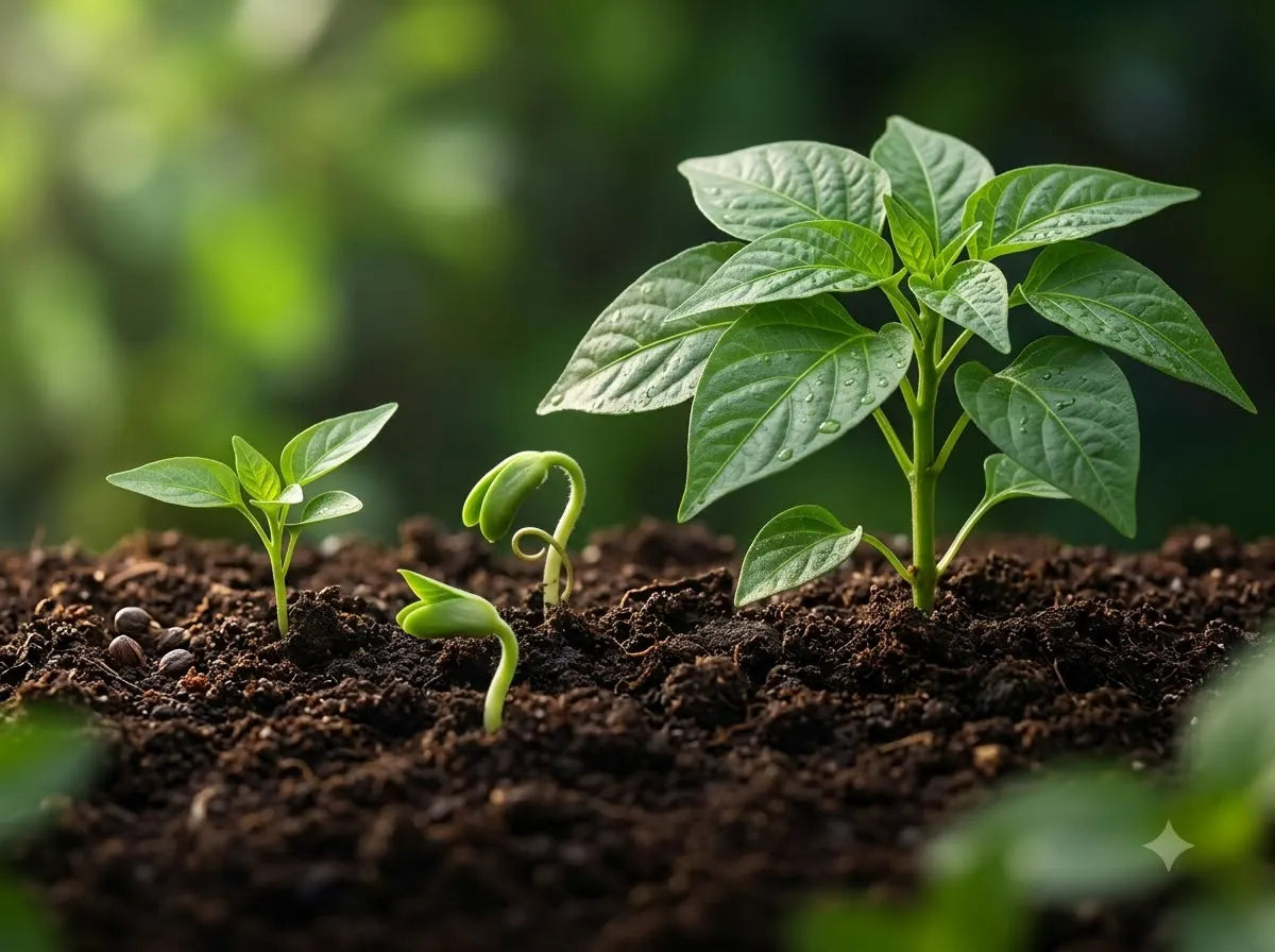 Young plant seedlings growing from nutrient-rich soil at different stages of growth