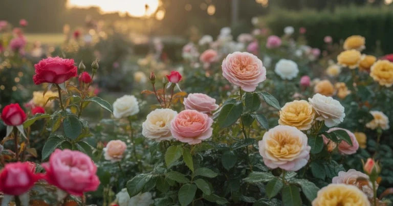 Mixed Rose flowers with green foliage in a garden