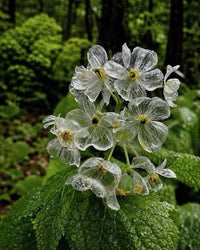 Diphylleia grayi plant with delicate white flowers in a woodland garden