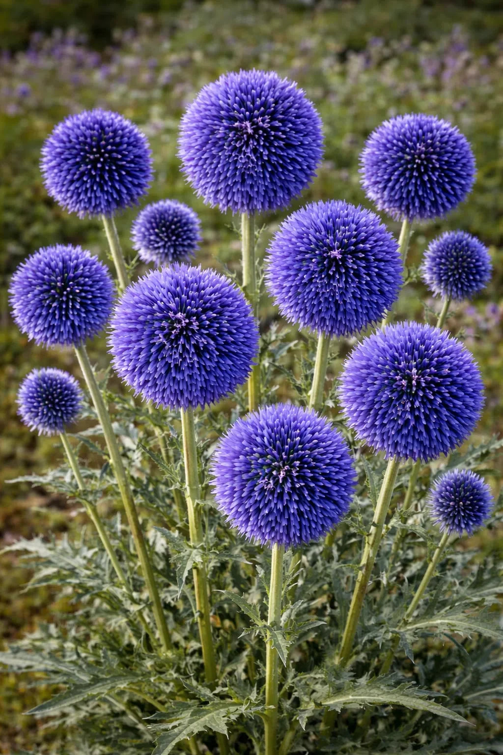 Close-up of round blue Globe Thistle blooms with silvery-green foliage.