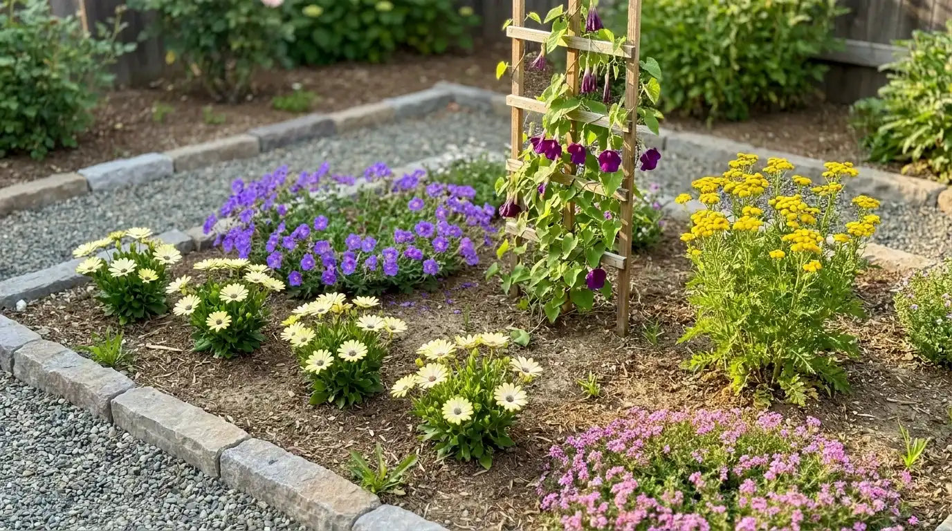 Colorful flower garden with purple, yellow, pink, and white blooms surrounding a climbing plant trellis.