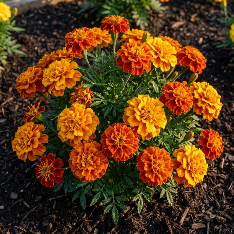 Vibrant orange and yellow French marigold flowers blooming in a garden bed with lush green foliage.
