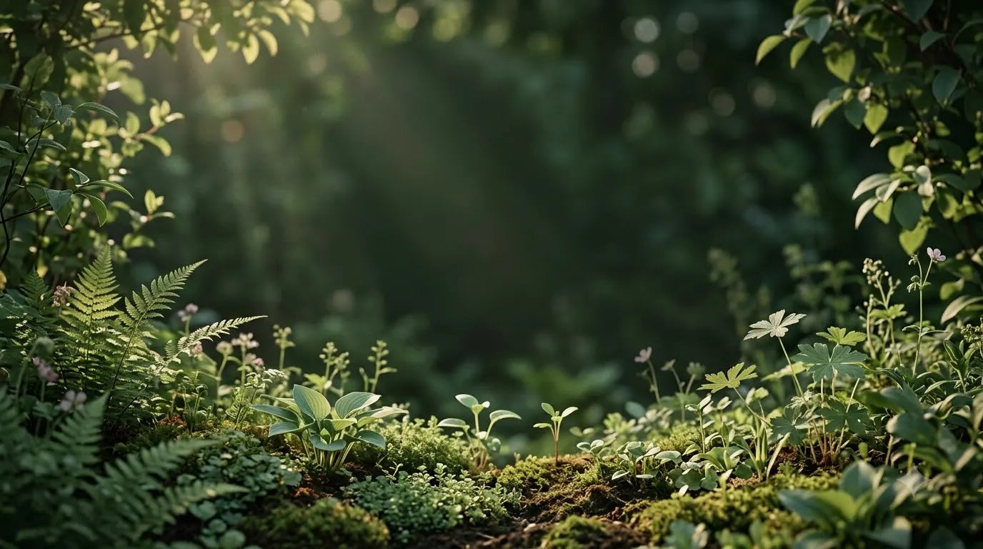Lush botanical garden with diverse green plants, ferns, moss, and young seedlings in soft natural light