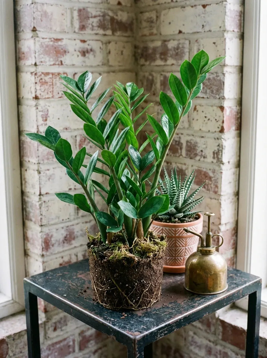 Healthy ZZ plant in a decorative indoor setting with a small zebra haworthia succulent.