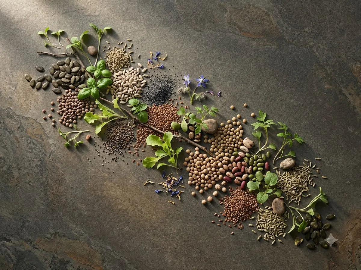 “Assorted vegetable and flower seeds arranged with fresh green seedlings and leaves on a natural stone surface
