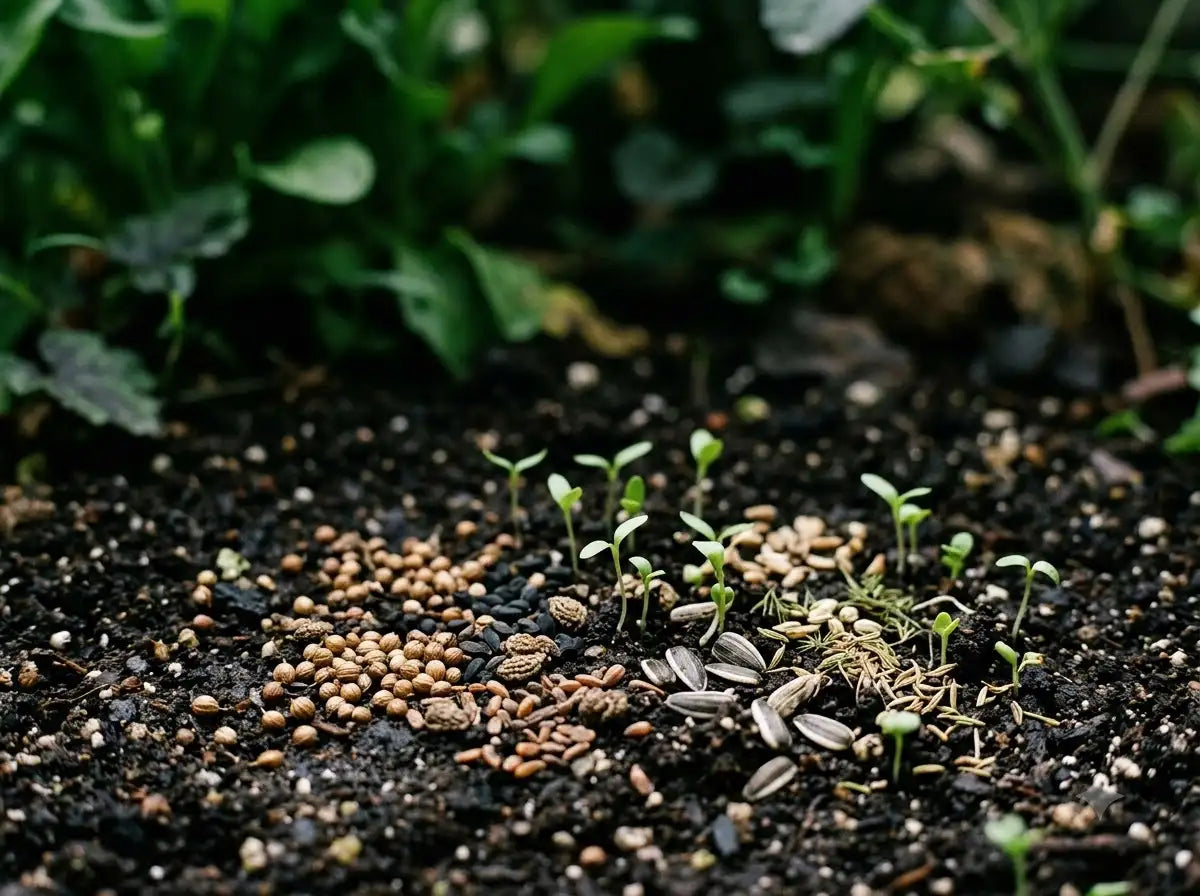 Assorted seeds scattered across rich soil with newly germinated seedlings emerging