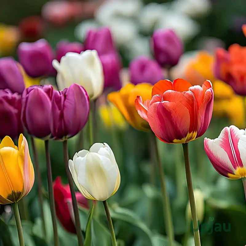 Colorful Tulip plants growing in a spring flower garden landscape.
