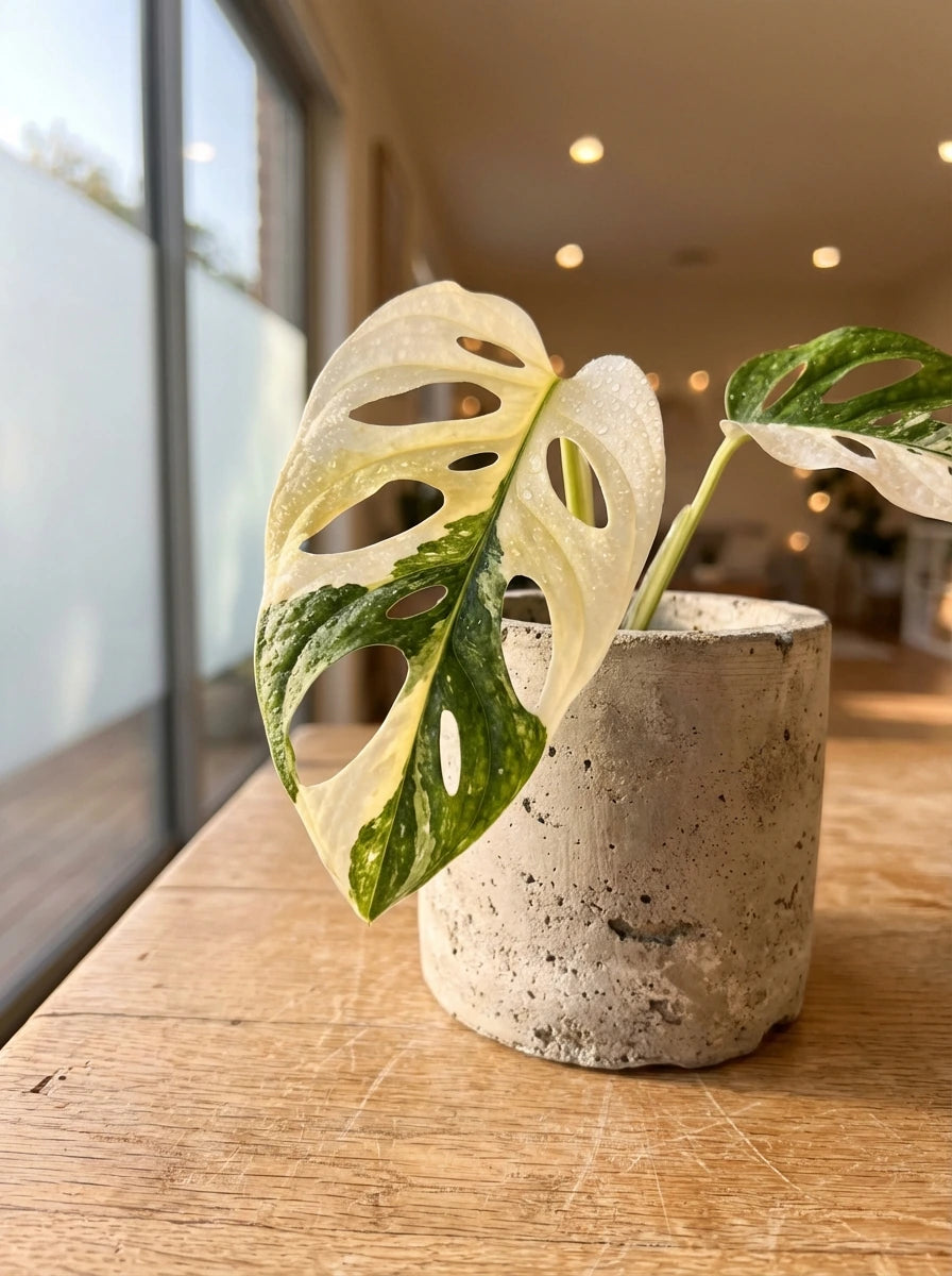 Healthy succulent plants growing in a rustic concrete planter on a sunny windowsill with natural light.