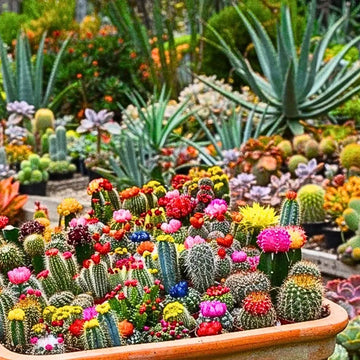 Mixed cactus seedlings growing in decorative garden containers.