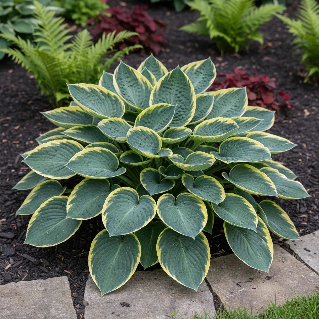 First Frost Hosta with blue-green leaves and creamy white edges.