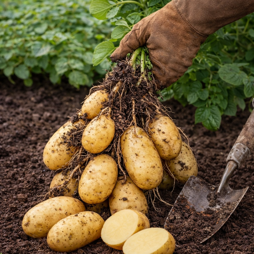 German Butterball Potato Plants Growing in Home Garden