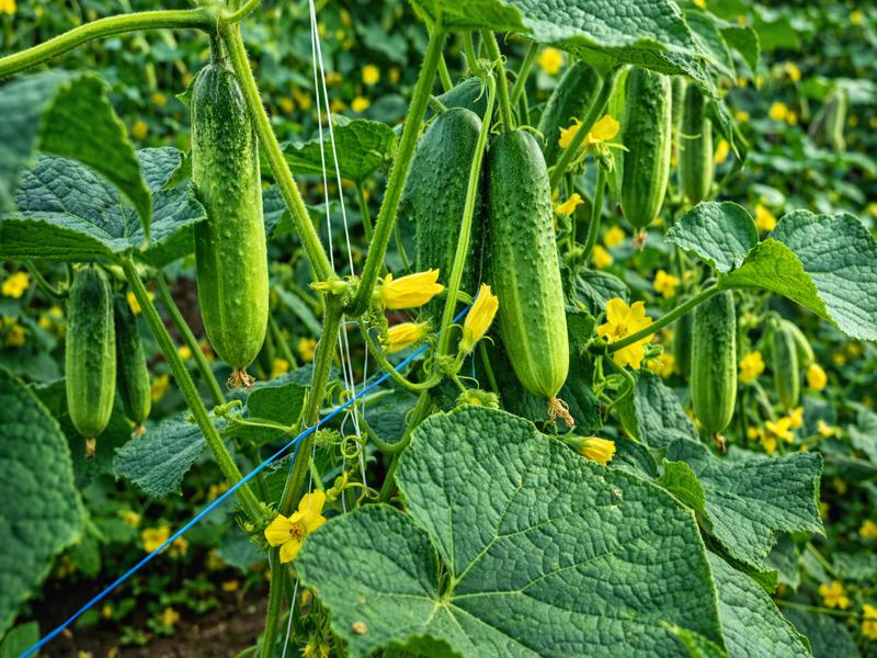 Greenhouse-grown cucumber plants thriving in a raised garden bed.