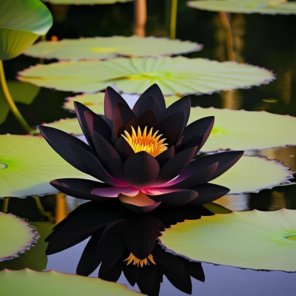 Black lotus flower plant with elegant blooms in a water garden container