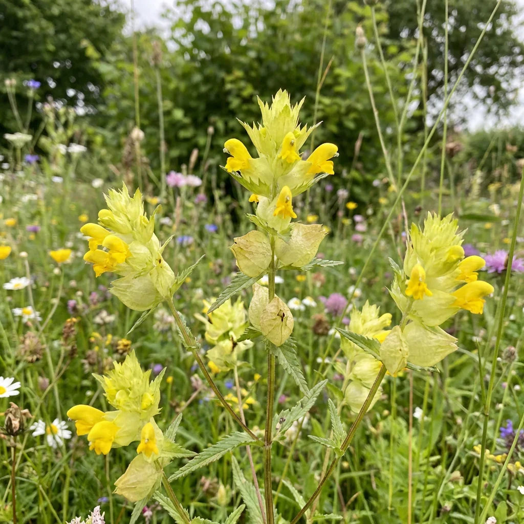 Yellow Rattle plants adding seasonal color to an outdoor garden.