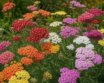 Perennial Yarrow wildflowers with colorful white, gold, red, pink, and purple blooms
