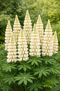 Elegant white Noble Maiden Lupin flowers growing in a cottage garden border.
