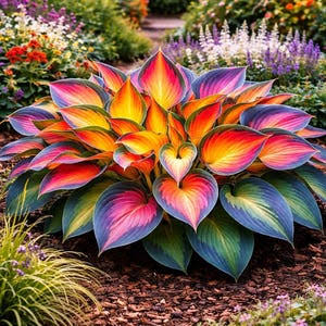 Rainbow Hosta growing in a shaded outdoor garden