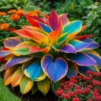 Hosta plants with lush ornamental foliage in a landscaped garden setting

