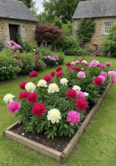 Mixed perennial peony flowers in an outdoor garden