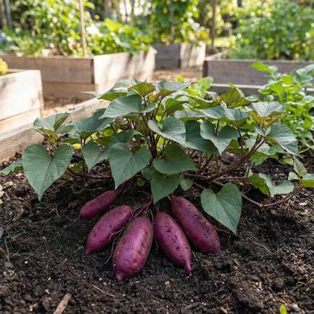 Purple Yacon plants growing with colorful foliage in a home vegetable garden.

