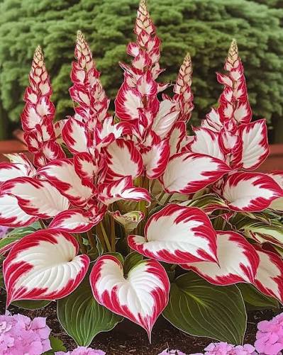 Hosta perennial plants with decorative foliage and flowers